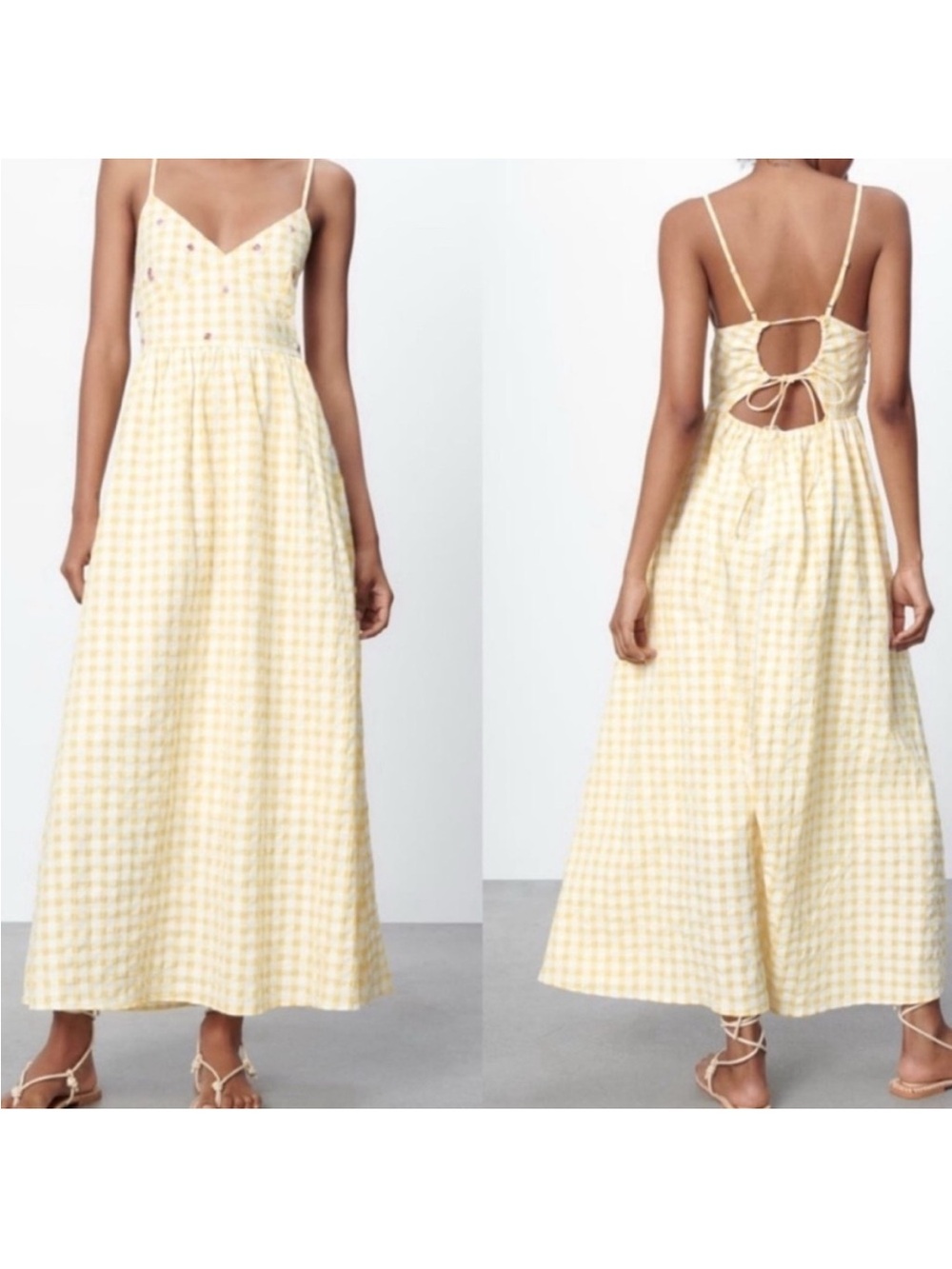 Zara Yellow Gingham Spaghetti-Strap Maxi Dress